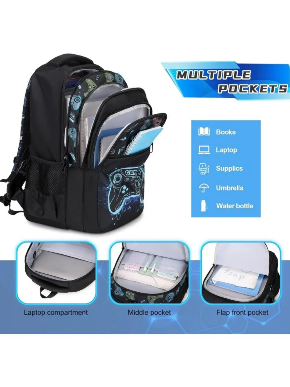 Luminous Gamer Boys Backpack with Lunch Box for School, Stylish & Functional